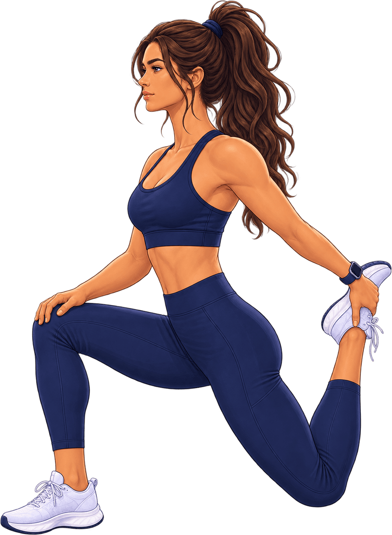 A person in a half-kneeling stretch, holding the back foot up behind them.