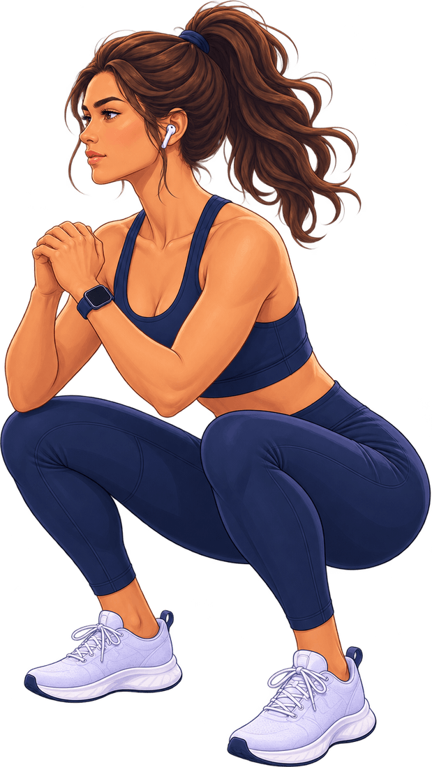 A person resting in a deep squat, heels down and hands clasped in front of the chest.