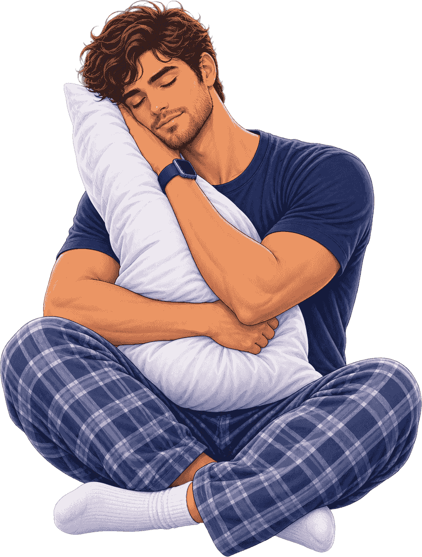 A person in pyjamas resting against a pillow with their eyes closed.