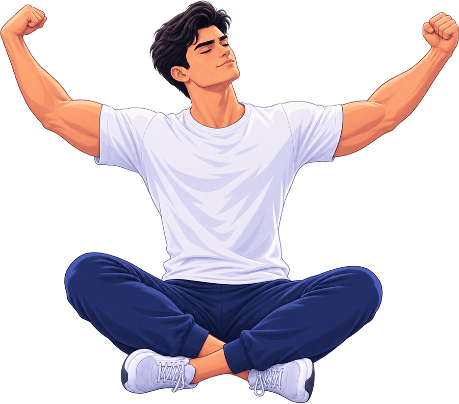 A person sitting cross-legged, arms flung overhead in a waking stretch.