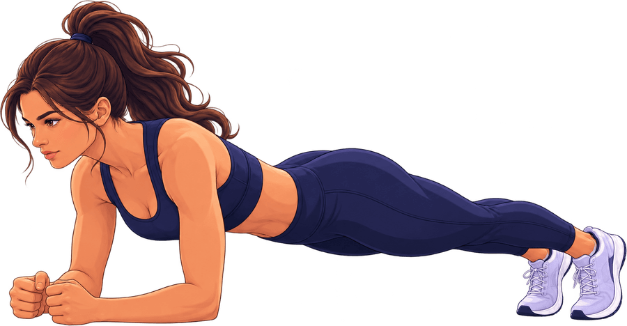 A person holding a forearm plank, body in one line from head to heels.