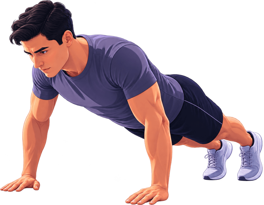 A person holding the top of a push-up position, arms straight and body in one line.