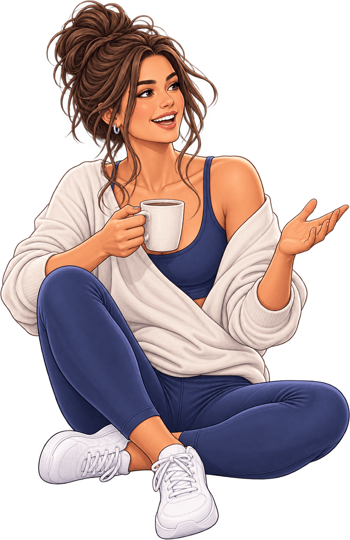 A person sitting cross-legged with a mug, mid-conversation.