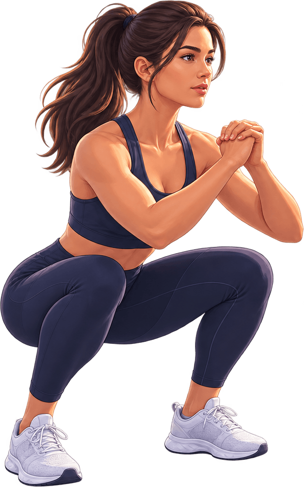 A person squatting with hips down and hands clasped in front of the chest.