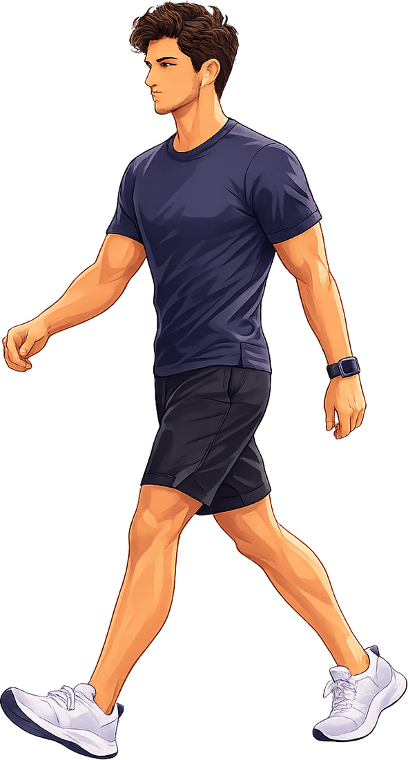 A person mid-stride at a walking pace, arms relaxed.